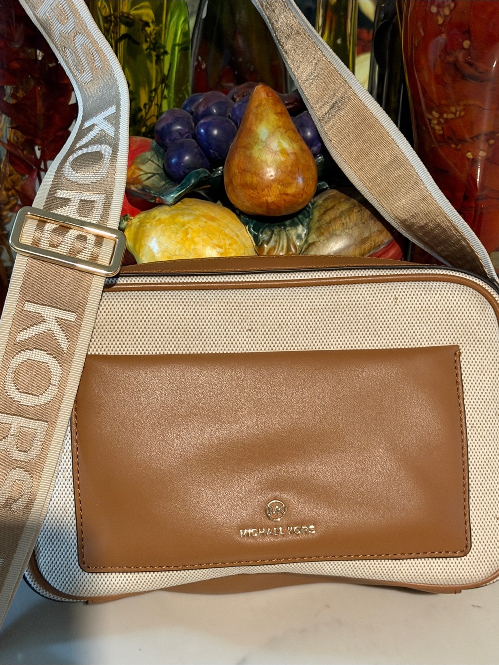 Michael Kors Tan & Beige Canvas Crossbody Camera Bag Medium Size Open to Offers!